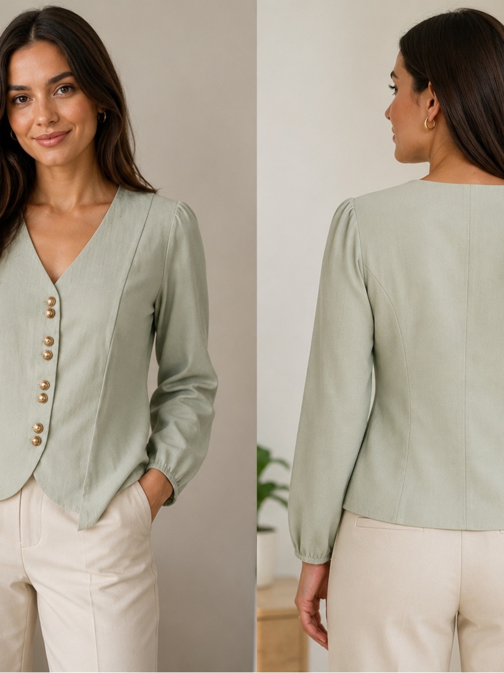 V-Neck Sage Green Button-Front Blouse. Made in Italy.